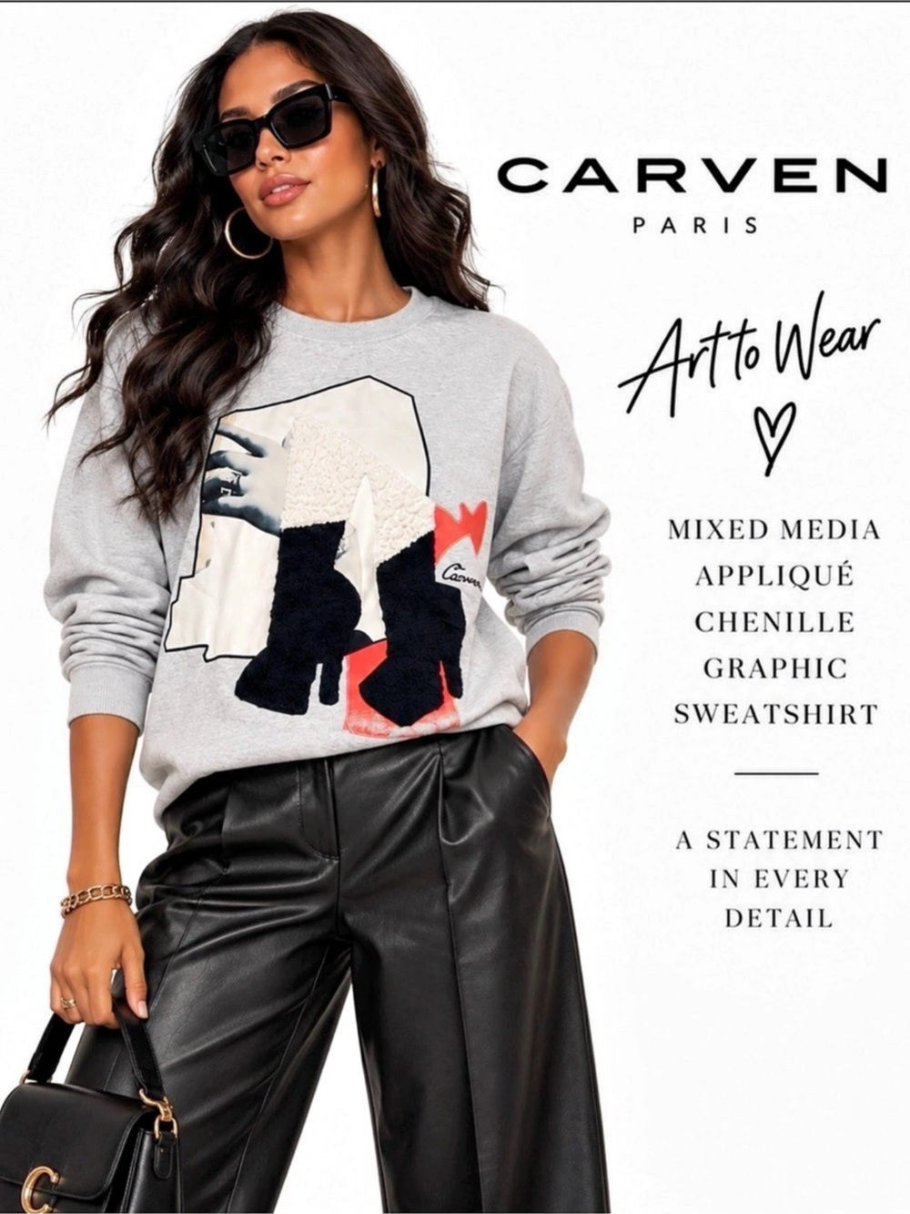 Carven Chenille Boot Graphic Sweatshirt Gray & Black Small  CARVEN Fall 2015